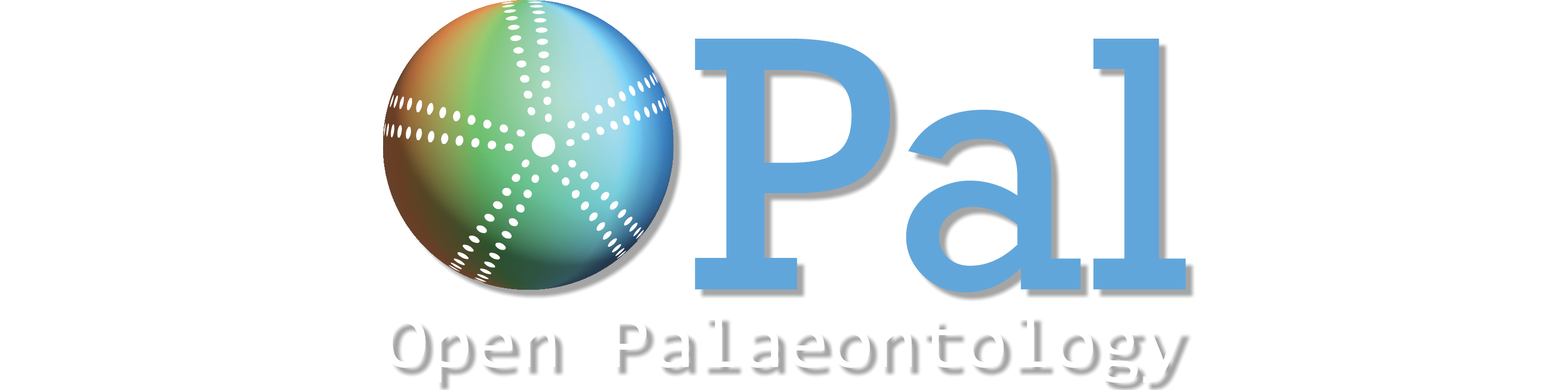 OPal logo: a red-to-blue rainbow shaded simple rendering of a regular echinoid with lines of paired white dots representing the ambulacra and a central white circle representing the periproct. The OPal echinoid forms the "O" of the journal's abbreviation, "OPal", with the "Pal" written in light blue. 